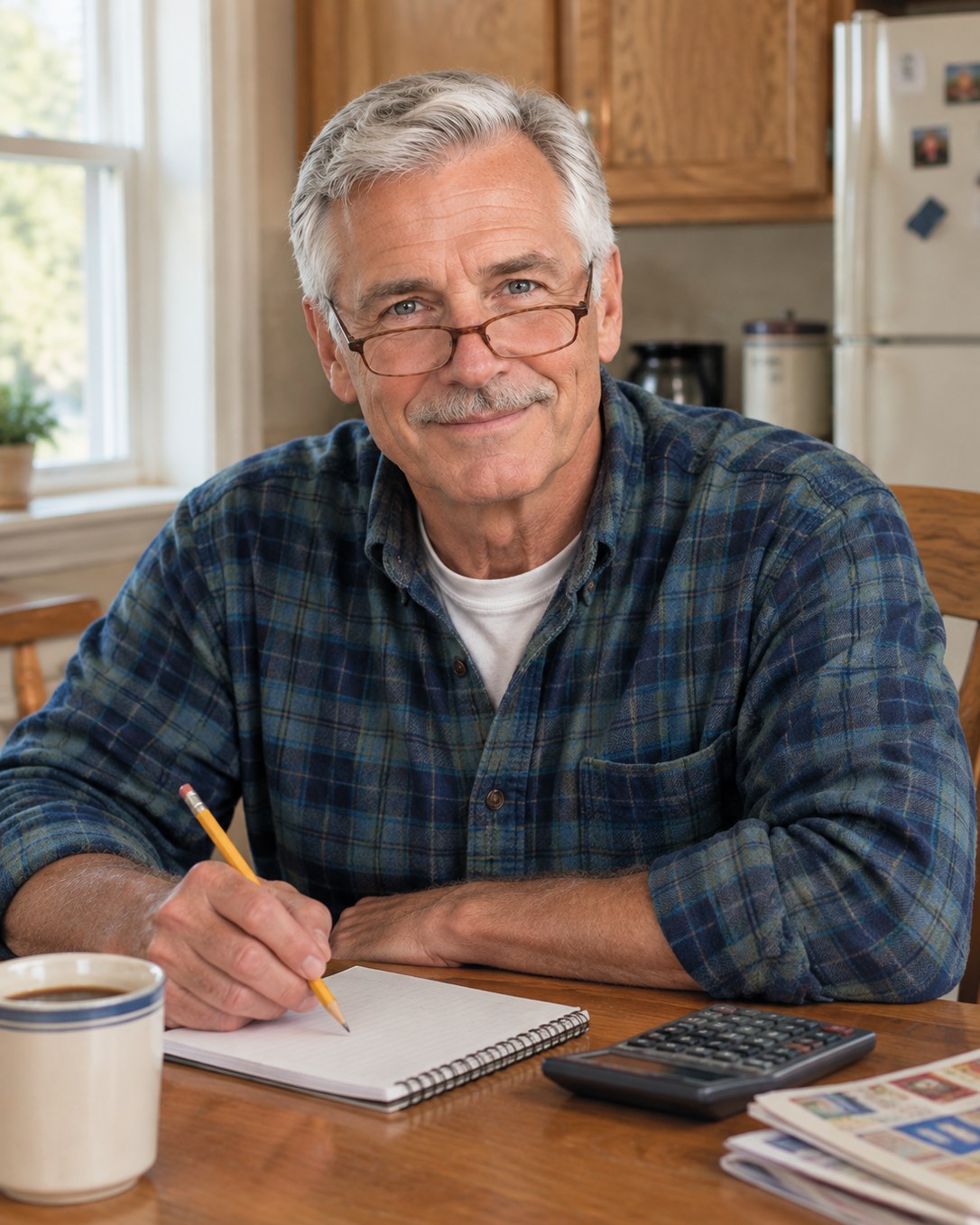 Thad at his kitchen table in a plaid flannel shirt, pencil in hand over a spiral notebook, with a calculator, store flyers, and a mug of coffee
